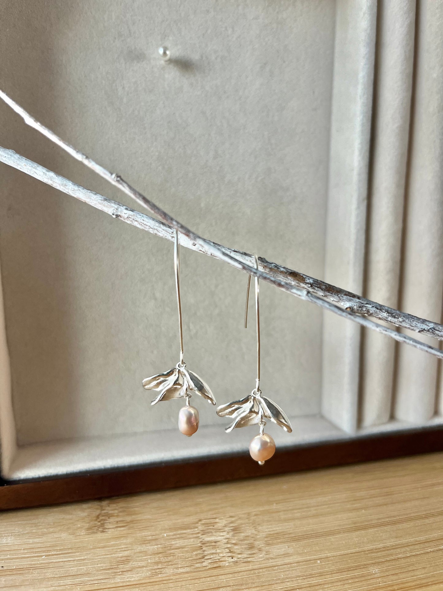Shibui Magnolia Earrings with Certified Biwa Pearls